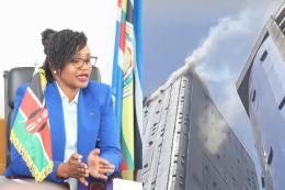 Photocollage of Roseline Njogu and a building on fire in UAE.
